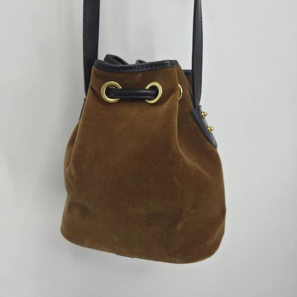 Vintage Dooney & Bourke Brown Velvet Drawstring Bucket Bag Black Leather Trim
